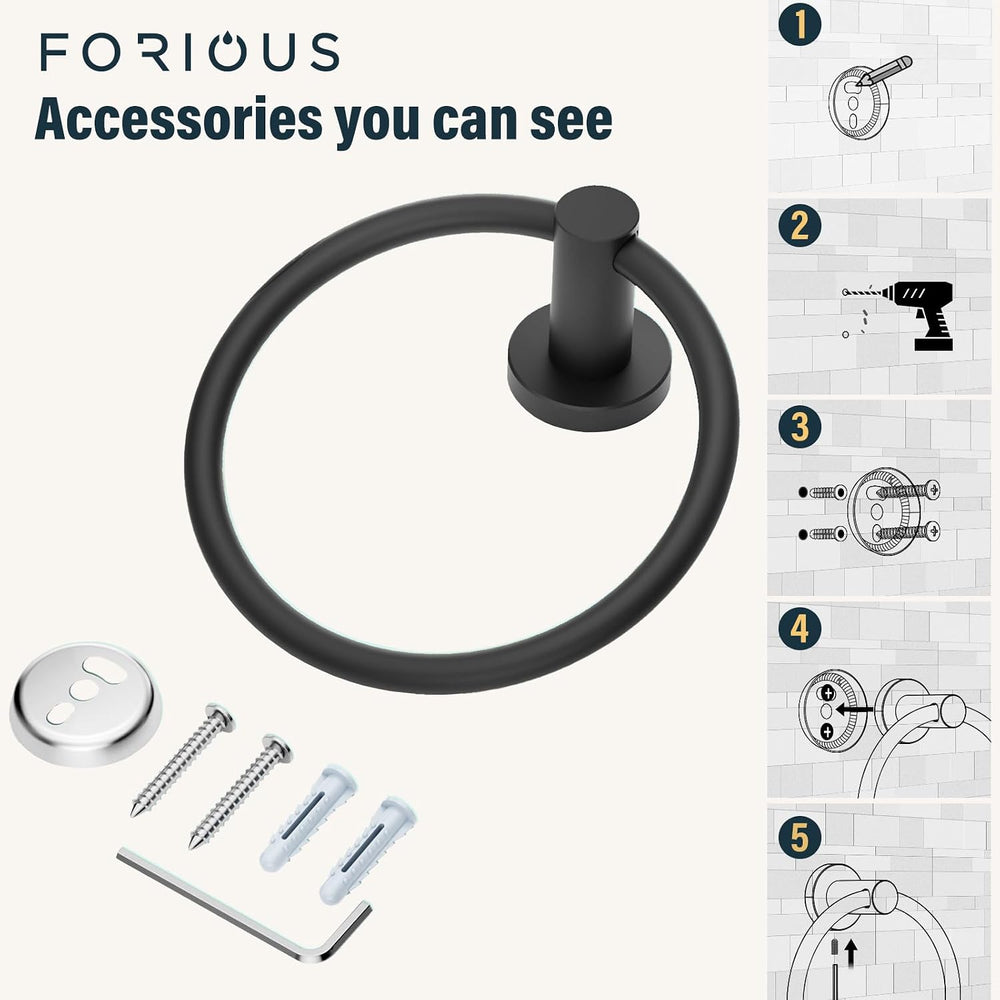 FORIOUS Towel Ring for Bathroom, SUS304 Stainless Steel, 2 Pack Matte Black