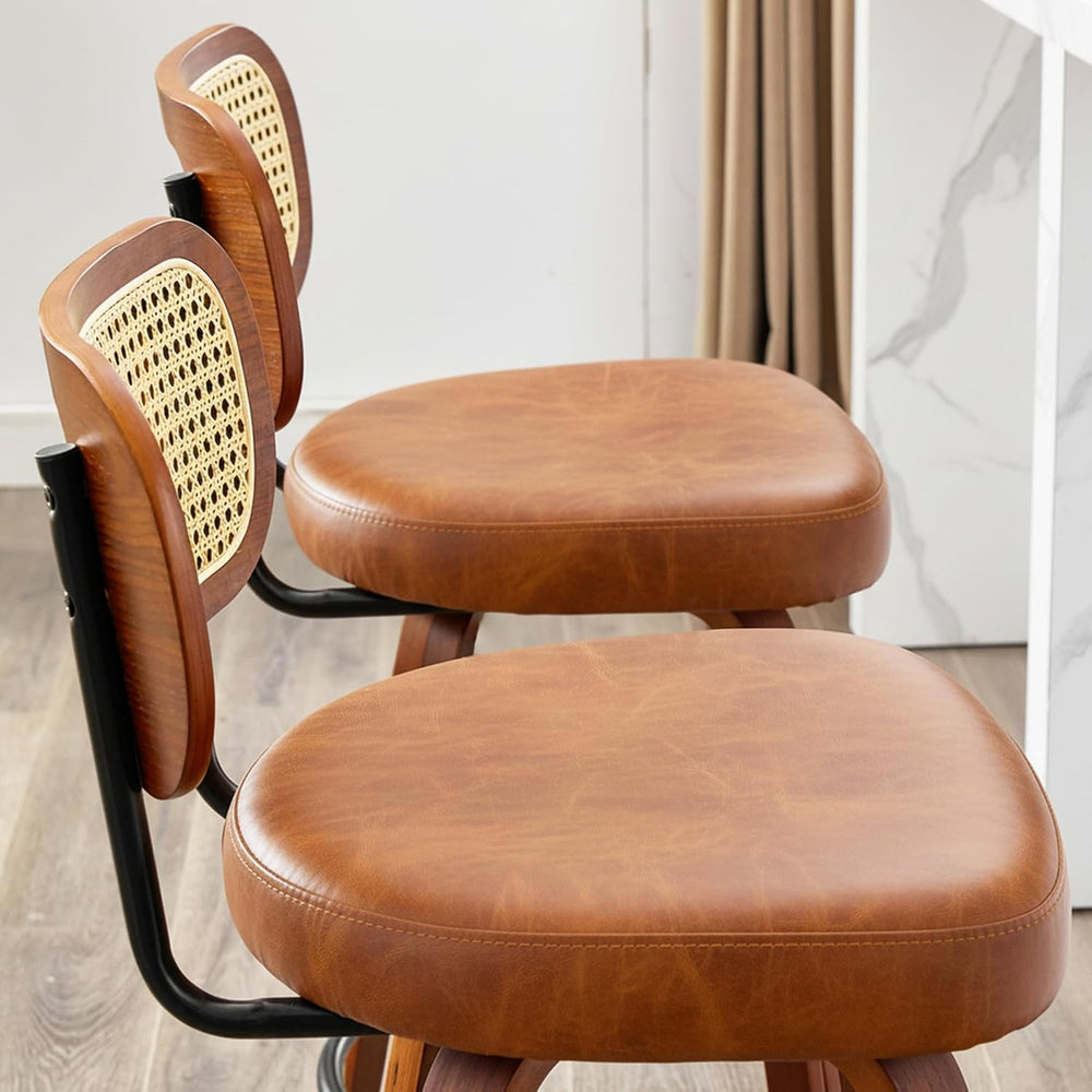 Rattan Bar Stools Set of 2,Upholstered PU Leather, 30''Counter Height...