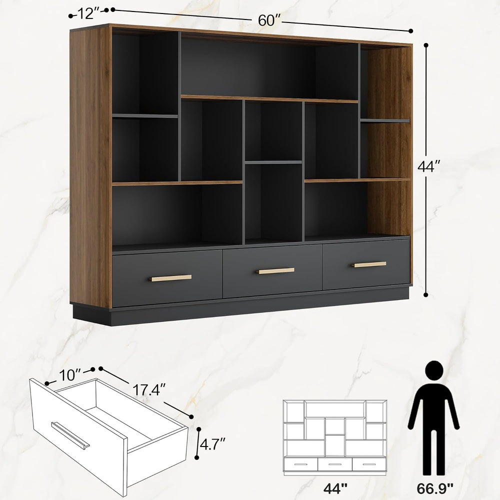 ModernMate 60" Wide Bookcase with 3 Drawers and 12 Open Cubes, Black Walnut
