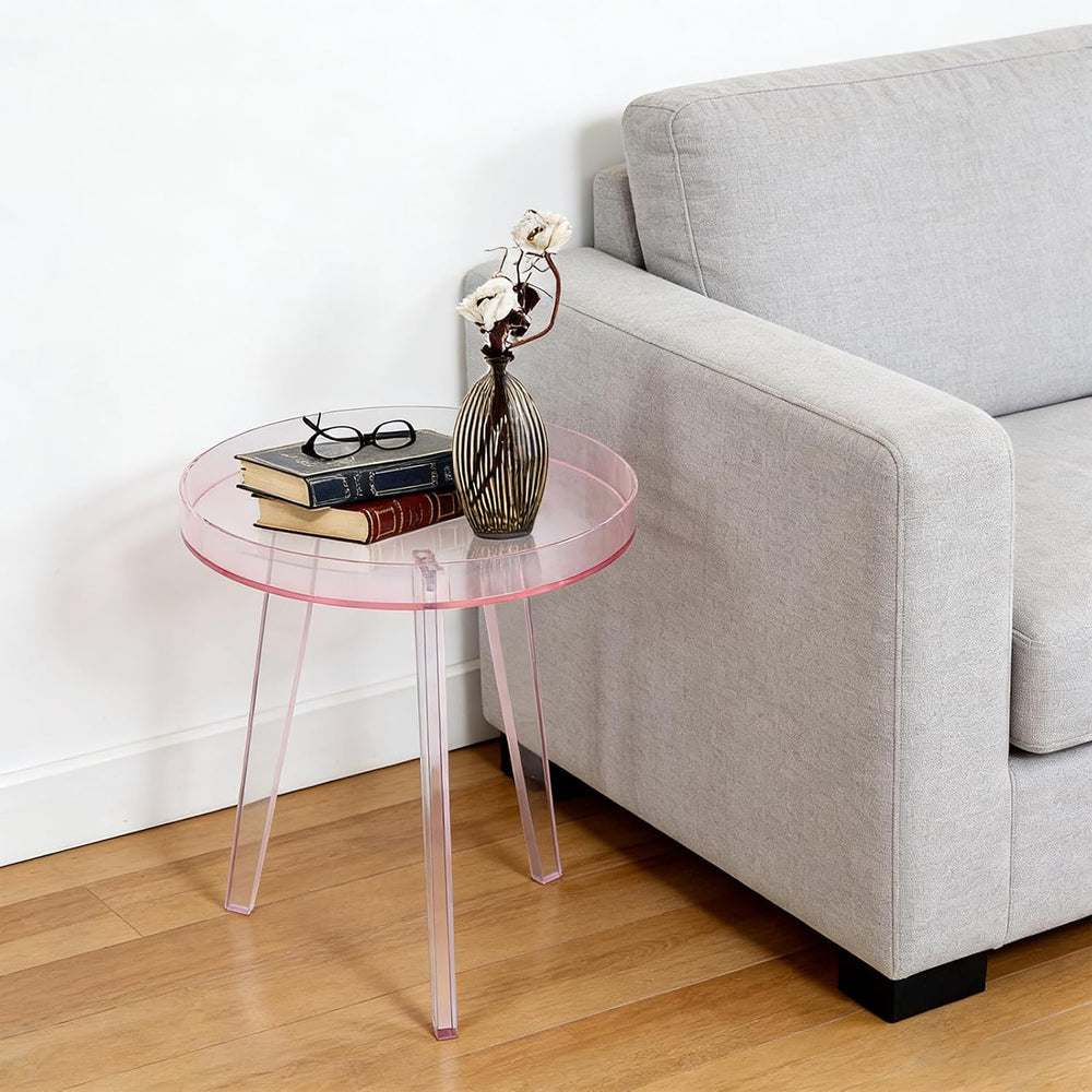 Clear Acrylic Side Table, Modern End Table with Storage Shelf, Small Round Be...