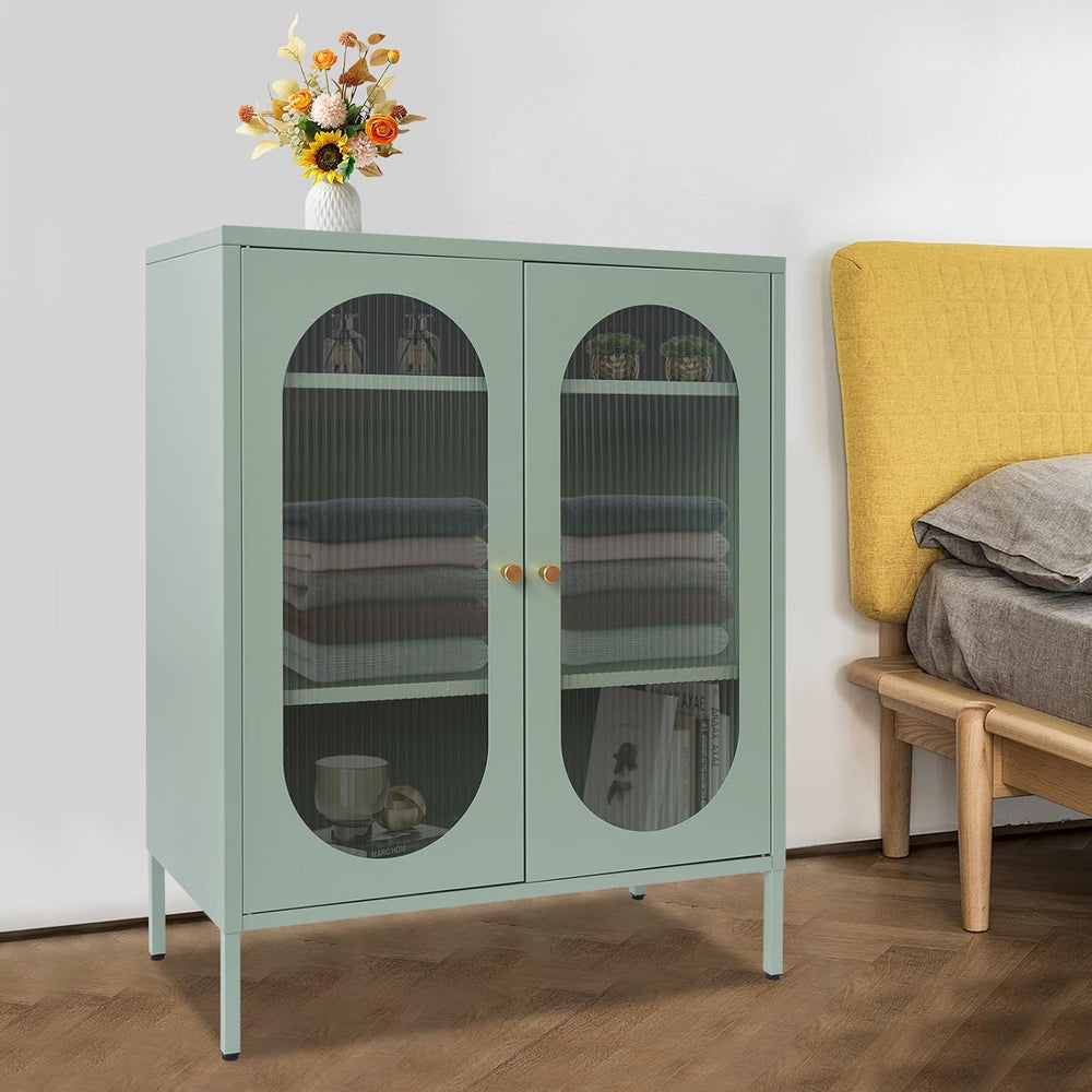 Accent Cabinet with Glass Doors – 3 Tier Storage, Modern Coffee Bar Station P...