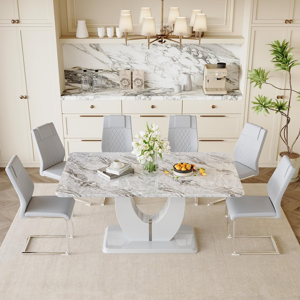 JUFU 7-Piece Dining Table Set for 6, 63-Inch Faux Marble, Light Grey