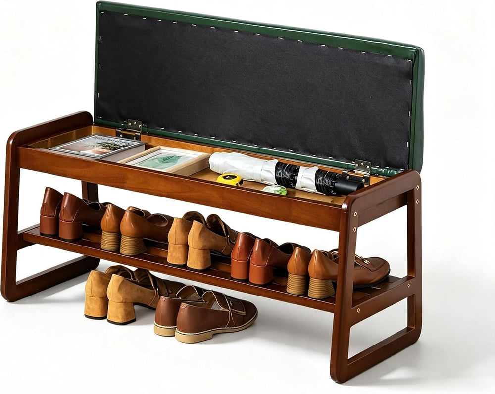 Solid Wood Shoe Rack Bench with Flip-Top Storage, Green, 39.4''