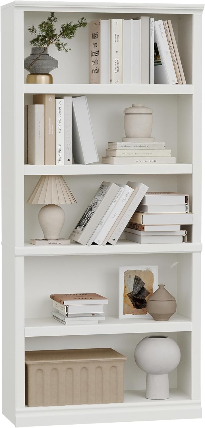 blini 5-Shelf Tall Bookcase White Wooden Bookshelves 33in Wide 5 Tier Bookcas...