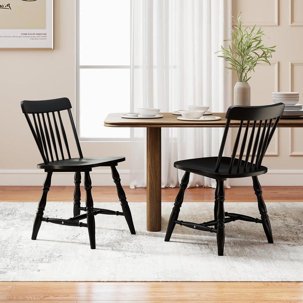 Giantex Black Windsor Dining Chairs Set of 4, Farmhouse Rubber Wood Kitchen C...