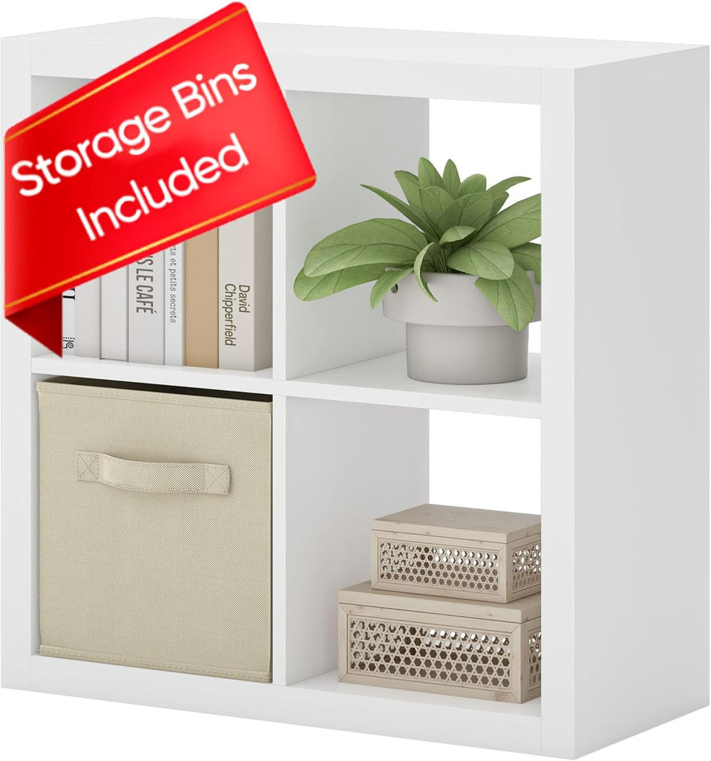 furtble Bookshelf with Storage Bin, 4-Cube Storage Organizer, Modern Wood Ope...