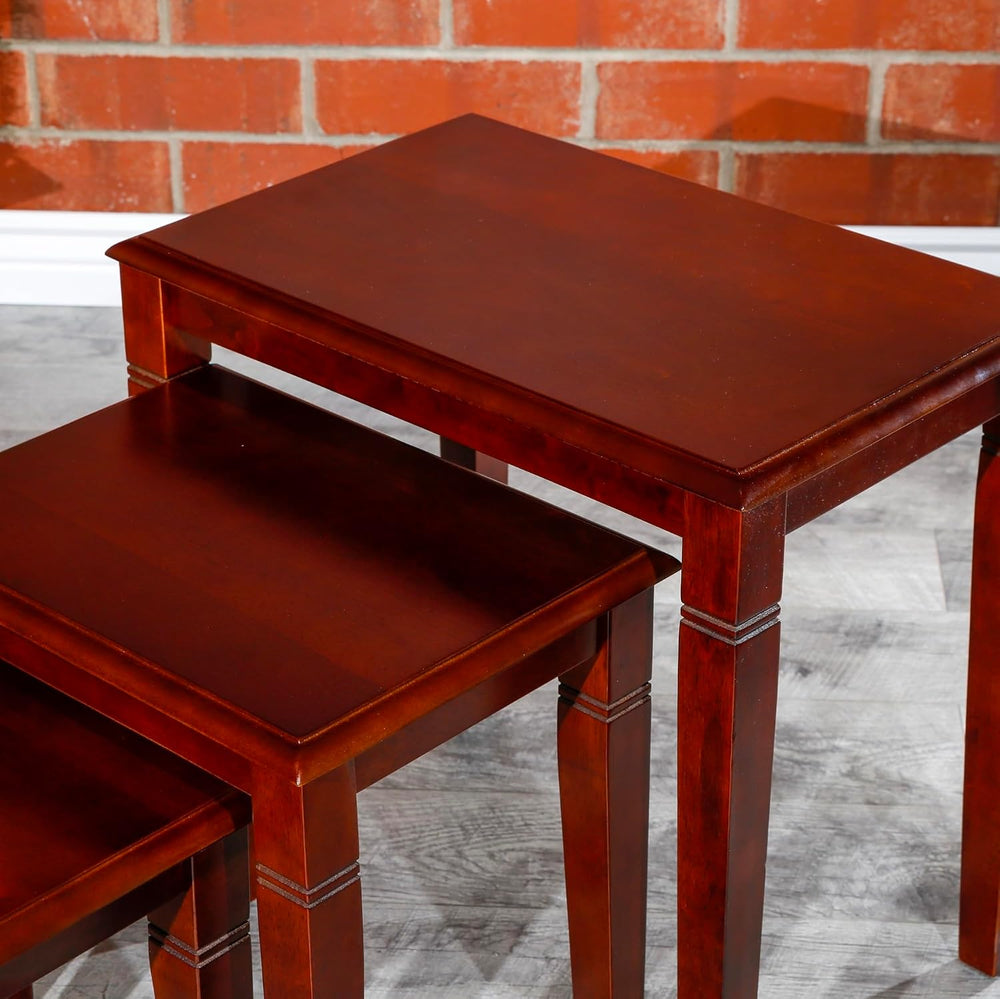 3-Piece Cherry Nesting Table Set with Tapered Legs and Carved Details | Three...