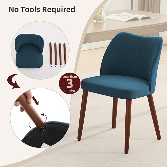 Dining Chair Set of 4, Linen Upholstered Dining Chair with Wood Legs, Wing Ba...