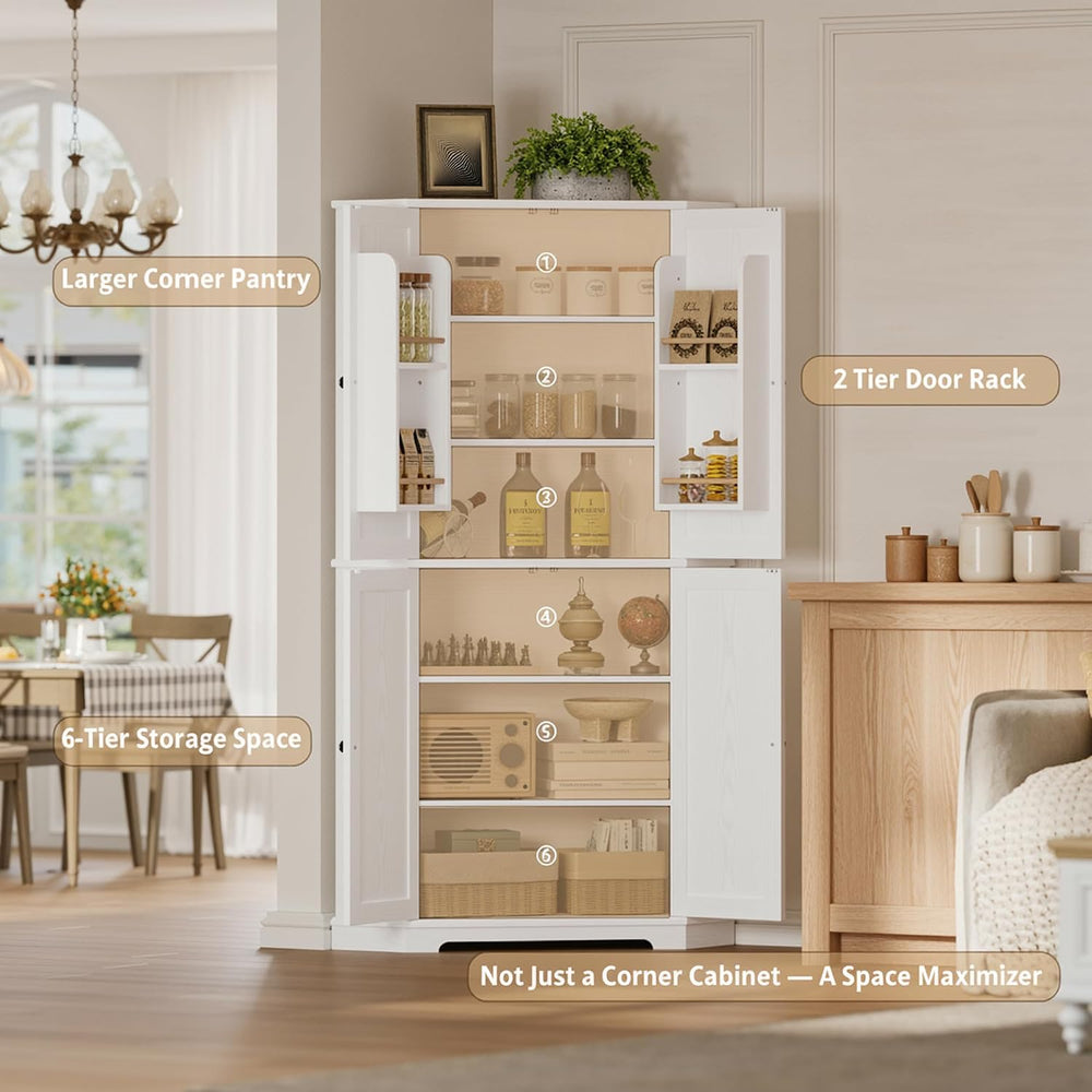 IRONCK Corner Cabinet, 72" Farmhouse Pantry Storage Cabinet, White | 6 T...