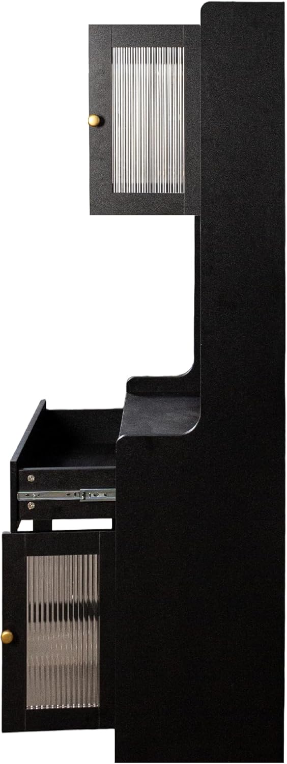 Black Kitchen Pantry Hutch Cabinet with Microwave Stand - Farmhouse Buffet Si...