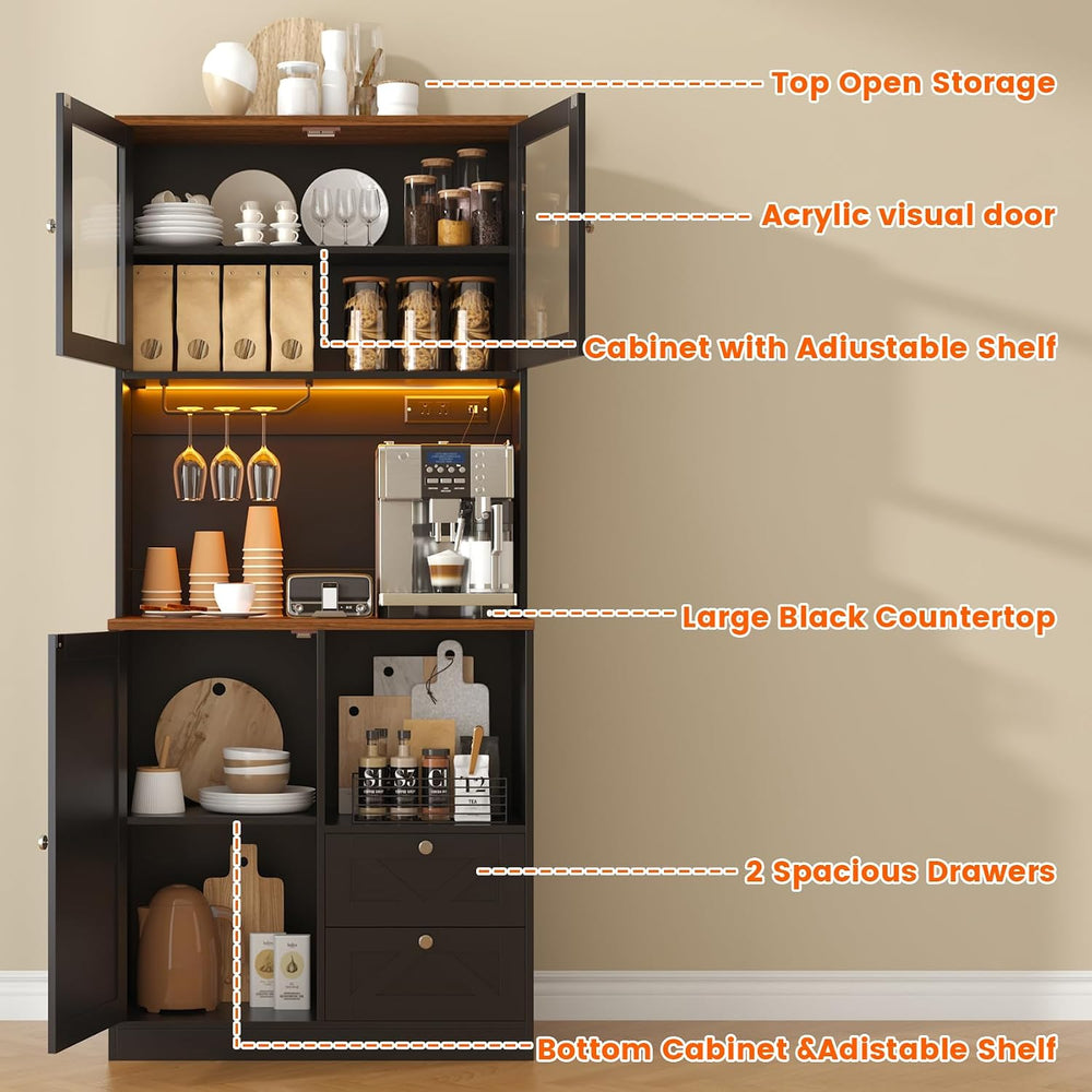 71" Tall Coffee Bar Cabinet with Storage Hutch, Farmhouse Kitchen Pantry...