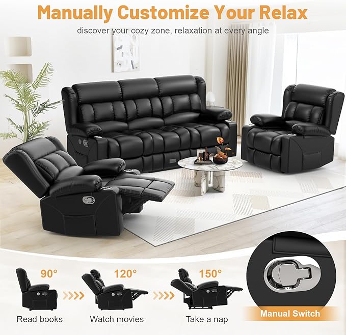Recliner Sofa Set, Flip Middle Backrest Design PU Leather 3 Seater Reclining ...