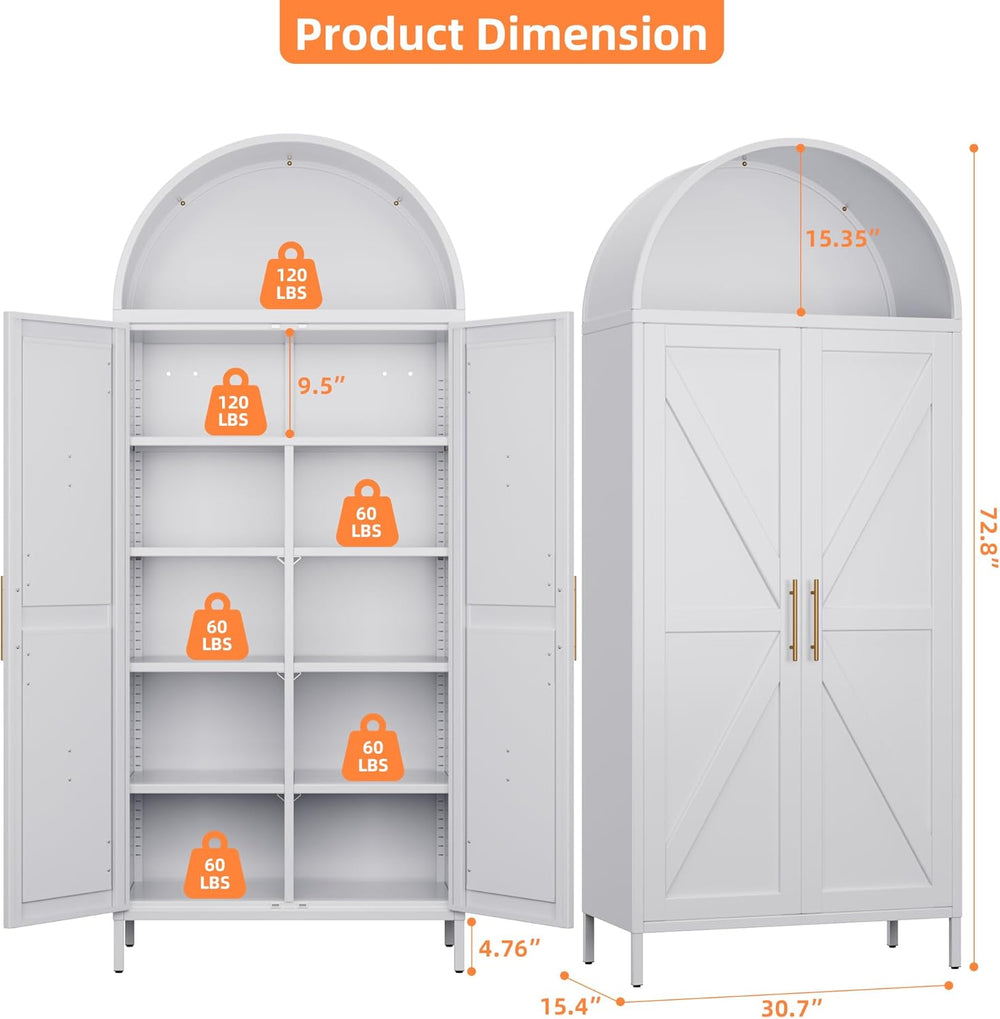 72.8" H White Metal Arched Pantry Cabinet, 30.7" W, 2-Door | Kitche...