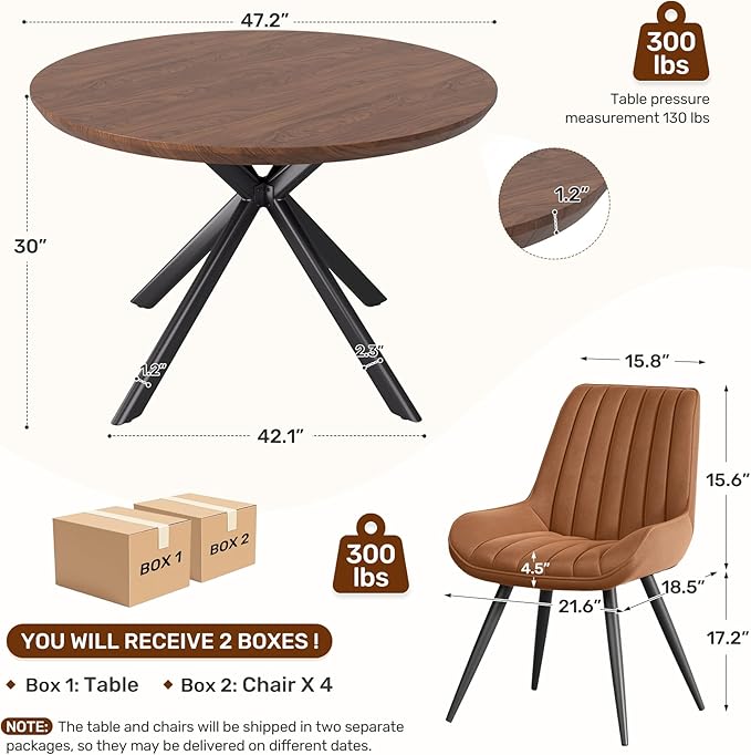 47.2" 5-Piece Round Dining Table Set for 4, Modern Wood Dining Table wit...