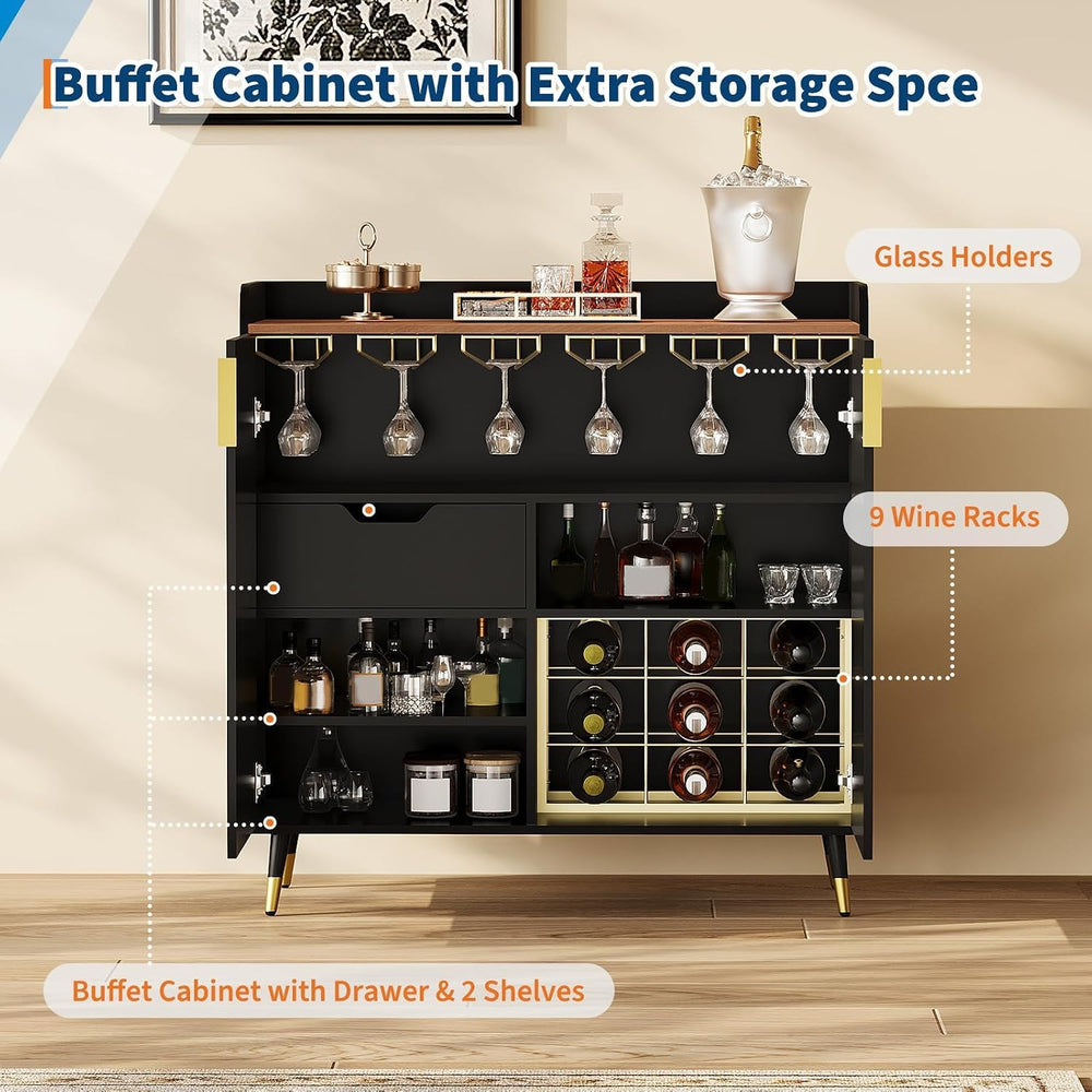 32" Fluted Bar Cabinet with Wine Rack, Green Liquor Wine Cabinet, Black ...