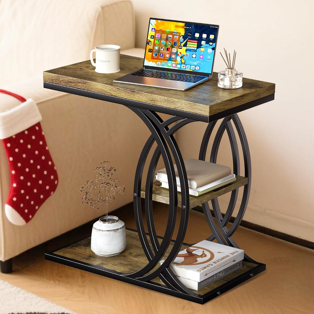 C Shaped End Table, Bed Side Table, 3-Tier Side Table with Metal Frame, Wood ...