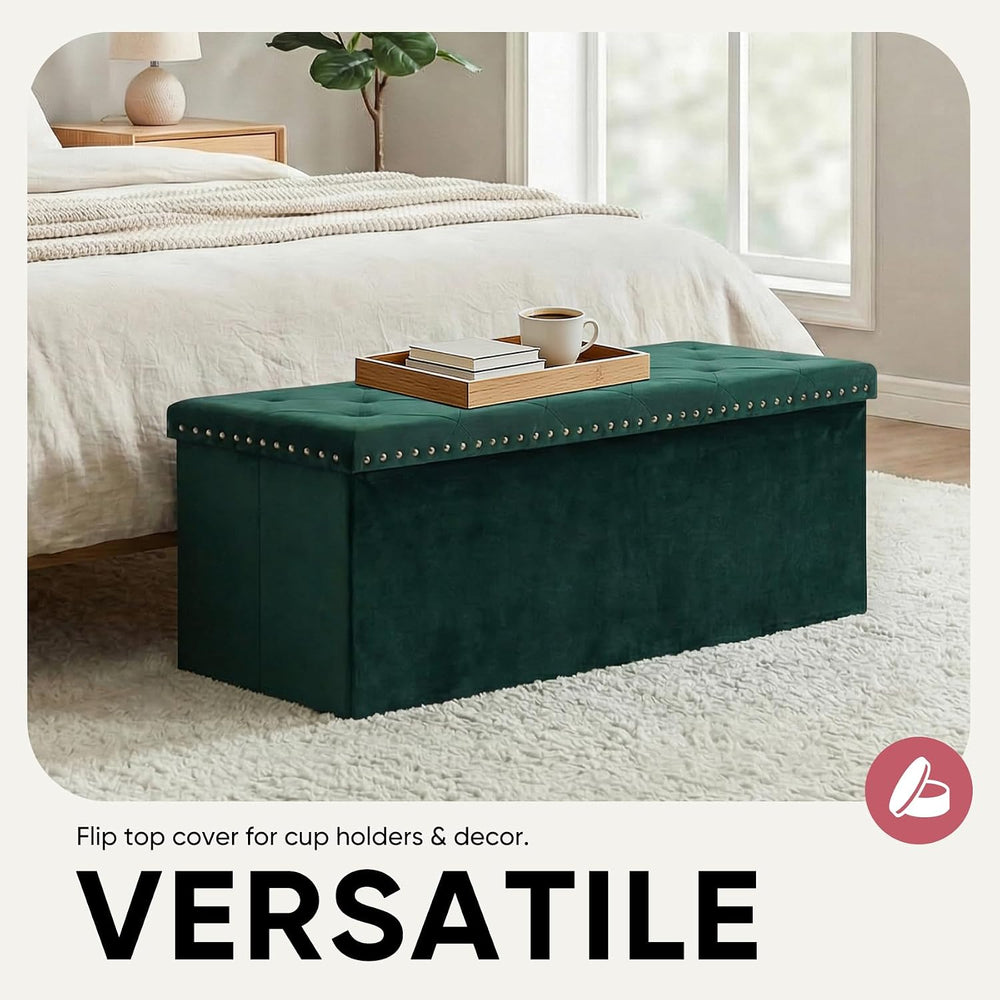 Storage Ottoman Bench, 43 Inches Folding Green Velvet Long Ottoman with Stora...