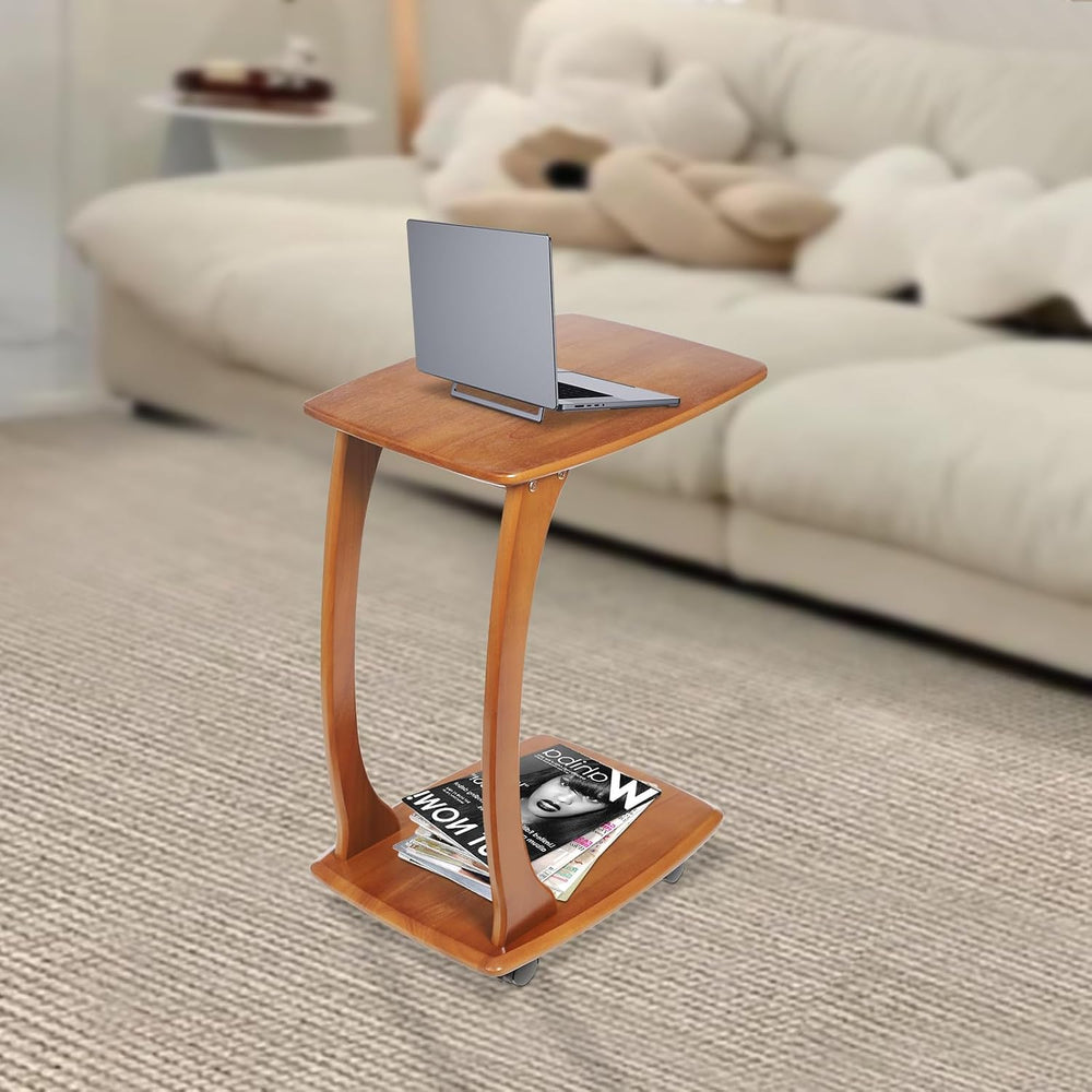 Solid Wood End Table with Rolling Wheels, C Shaped Side Table, TV Tray Table ...