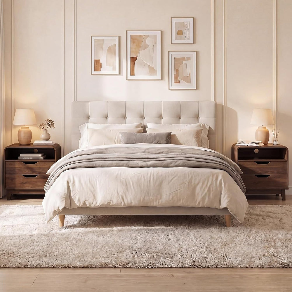 Nightstands Set of 2 with Charging Station, Mid Century Modern Night Stands w...