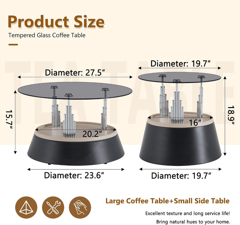 Nesting Coffee Table Set of 2, Modern Round Tempered Glass Center Table | Mod...
