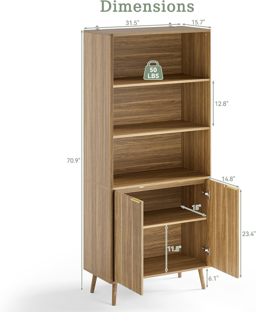 LYNSOM Walnut Bookshelf, 70.9" Tall Book Shelf, 5-Tier Bookcase with Flu...