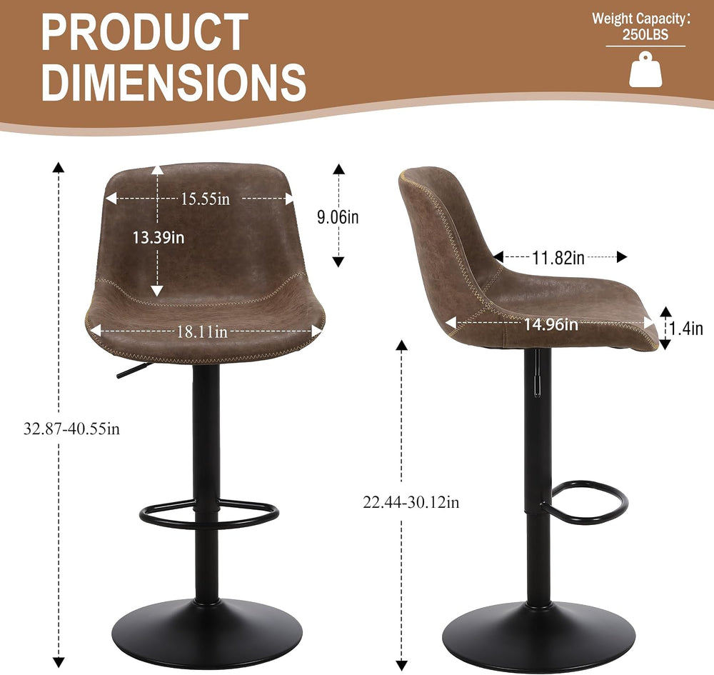 Swivel Bar Stools Set 4, Adjustable Height Suede-Like Leather Brown | Counter...