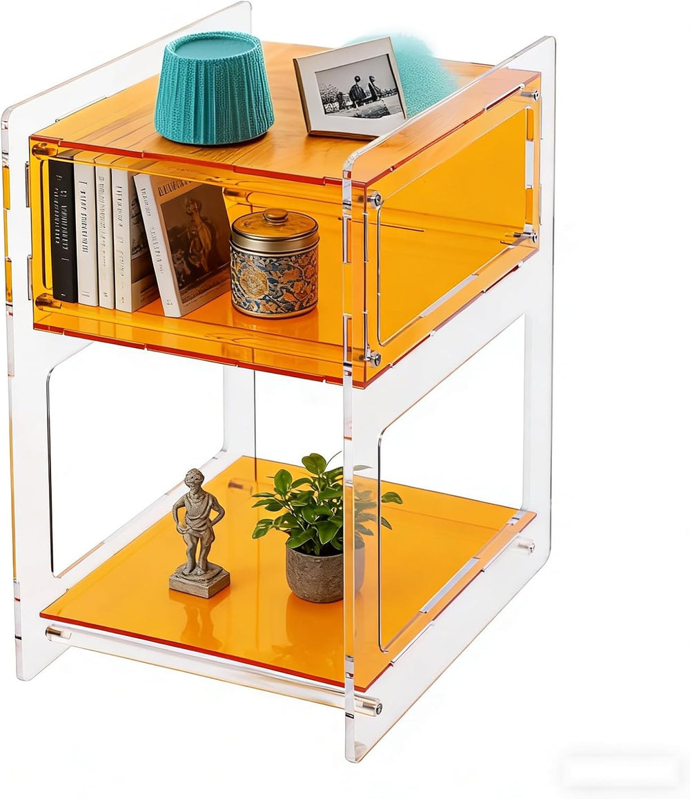 Acrylic Side Table with Open Storage Shelf, Clear Nightstand for Bedroom Livi...