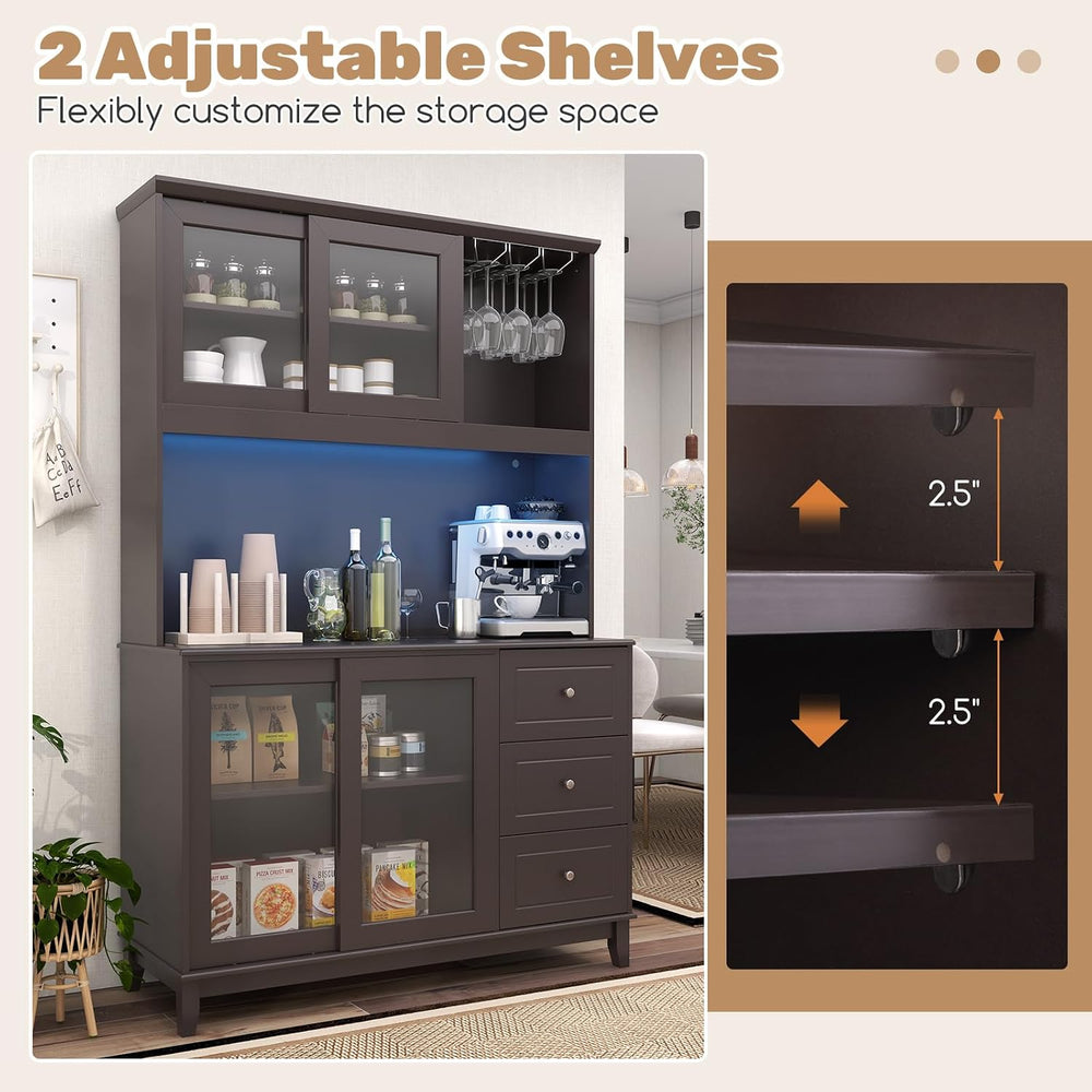 73” Kitchen Pantry Storage Cabinet, Buffet Hutch w/Power Outlets & Led Li...