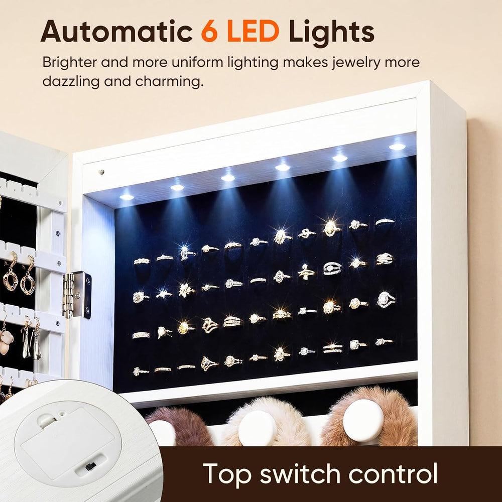 Antok 6 LEDs Jewelry Cabinet with Lock, 50" Full Length Mirror Wall Moun...