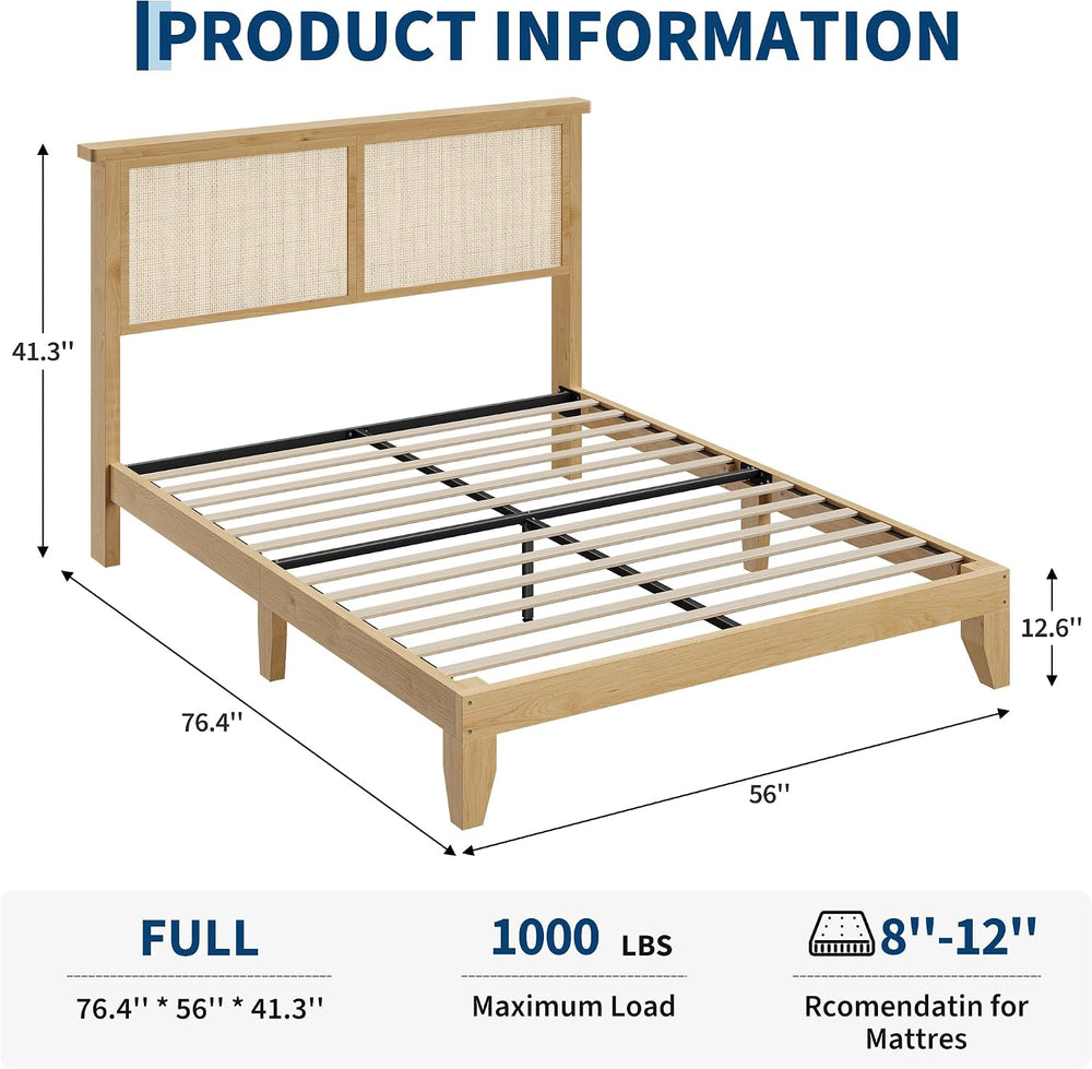 Rattan Bed Frame Full Size with Natural Rattan Headboard & LED Lights