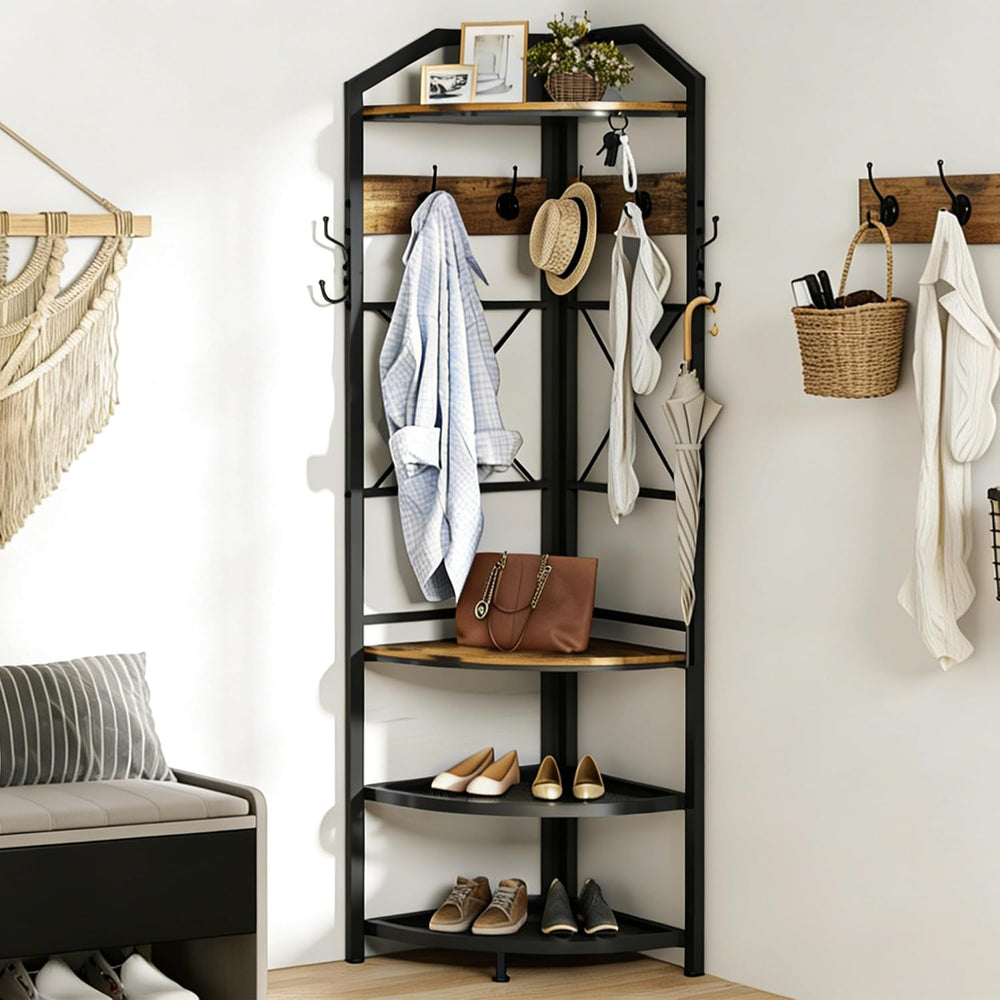Corner Coat Rack with Storage, Entryway Hall Tree with Shoe Rack and Hooks, F...