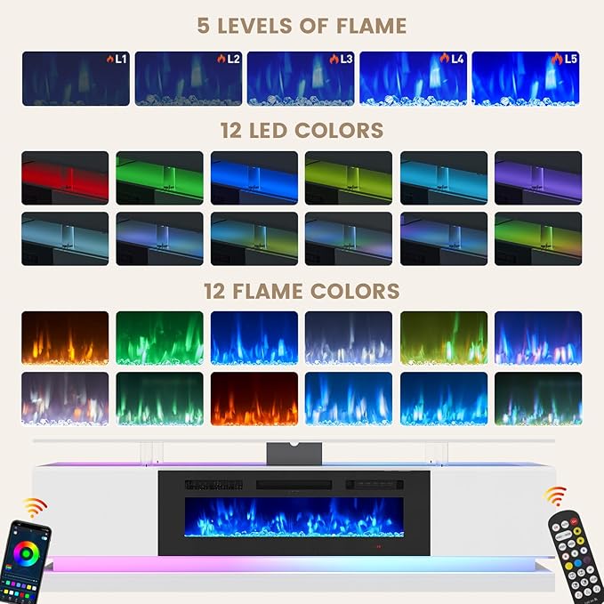 70" Fireplace TV Stand, Modern Entertainment Center for TVs Up to 80&quo...