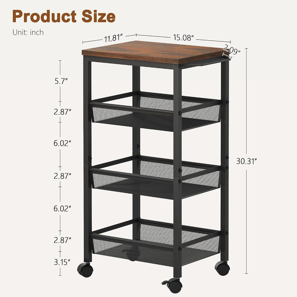 Hoctieon Rolling Storage Cart, 4-Tier 11.8" Wide Panel Kitchen Storage C...