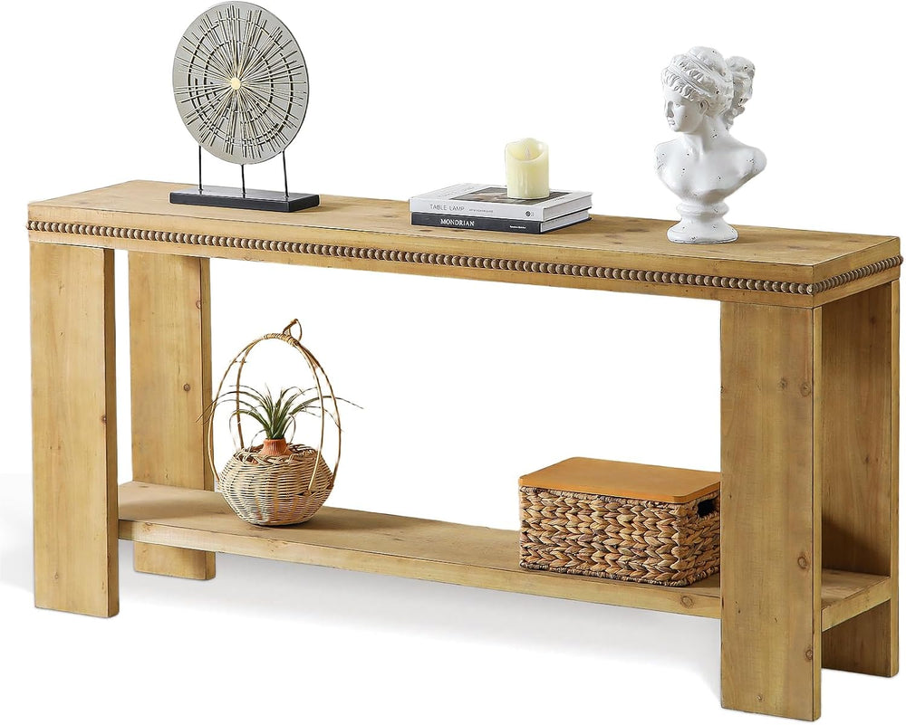 Console Sofa Table with Storage, 63" Long Wood Console Table with Beaded...