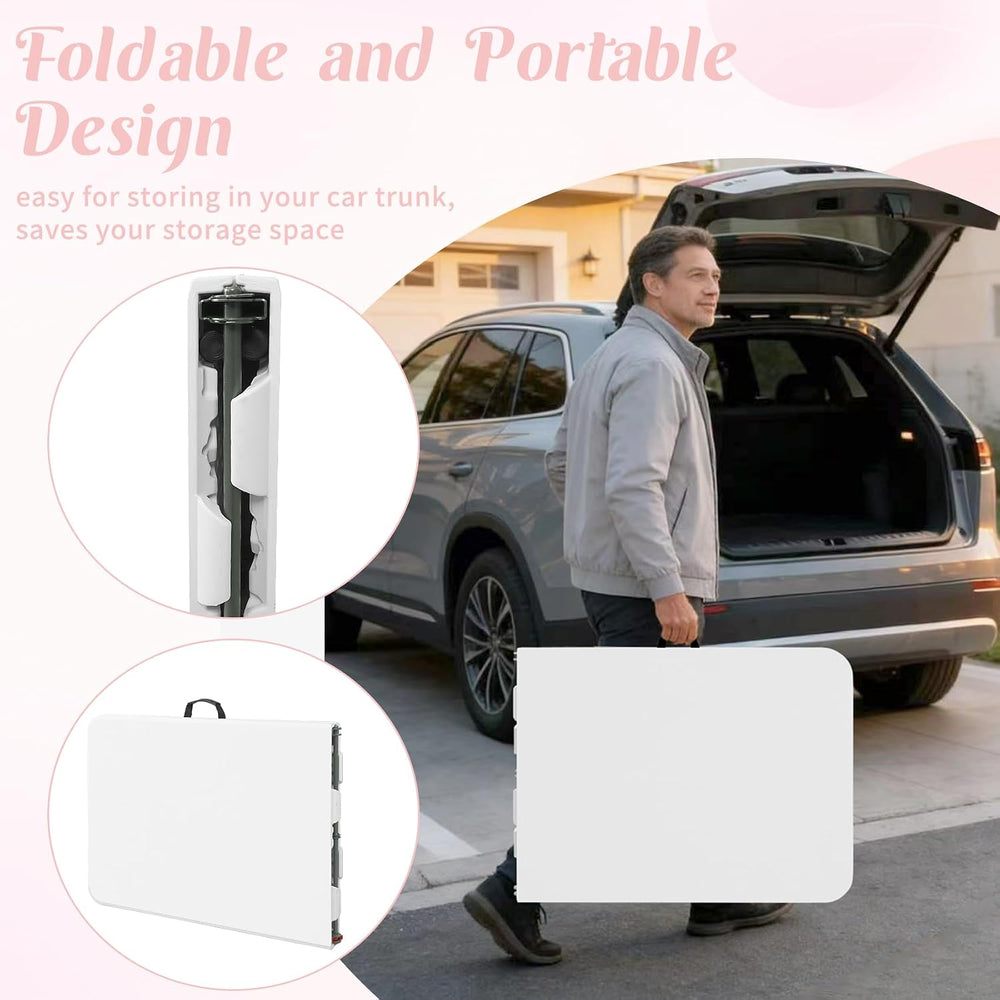 Fivenl 2 Pack 6 Feet Portable Folding Table White, Steel Legs Fold-in-Half wi...