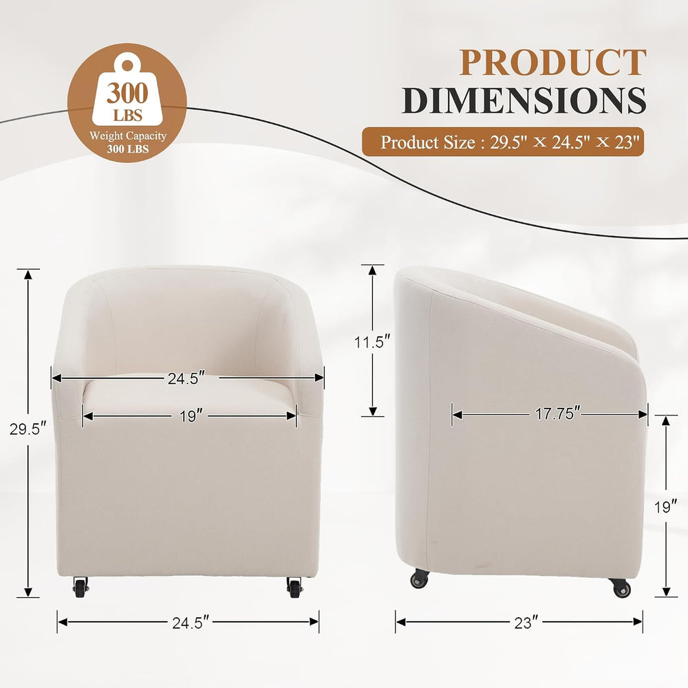 CIMOTA Linen Beige Barrel Dining Chairs with Wheels, Set of 2 — Modern Uphols...