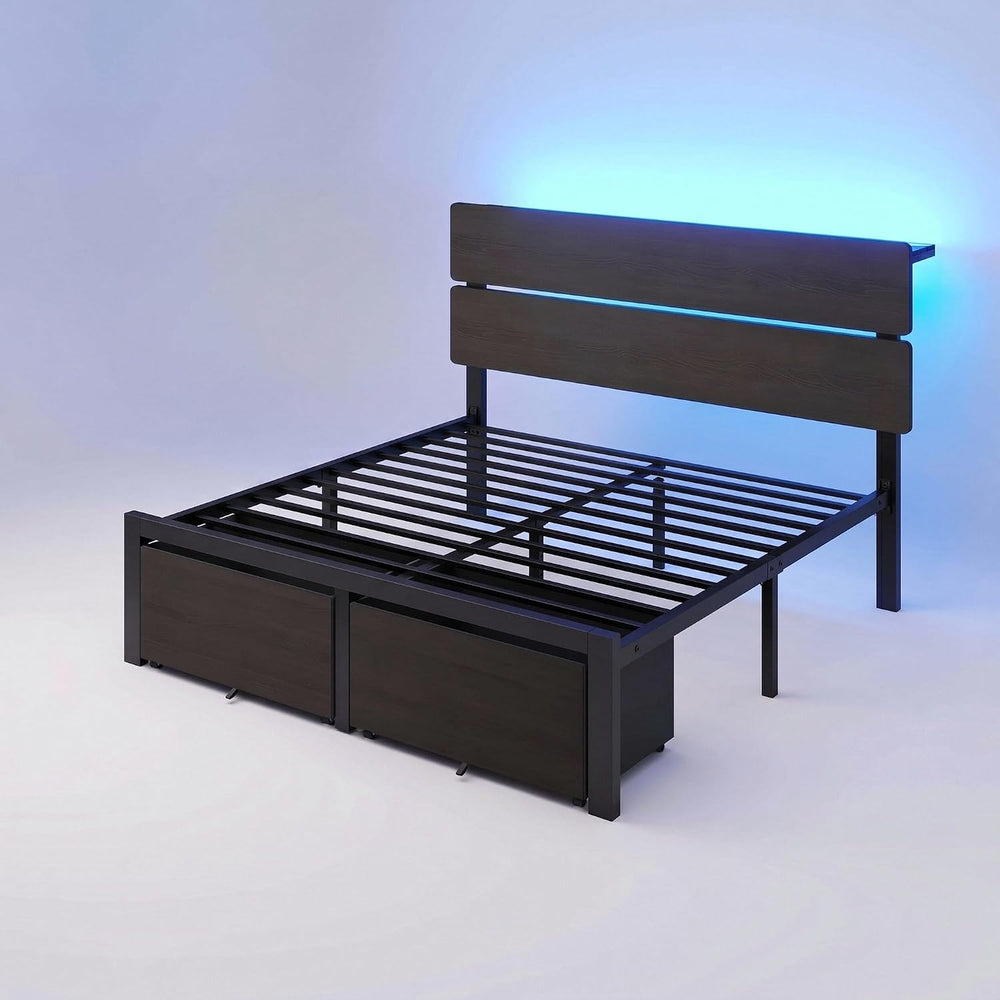 SHA CERLIN Queen Led Bed Frame, 2 Storage Drawers, Charging Station, Black