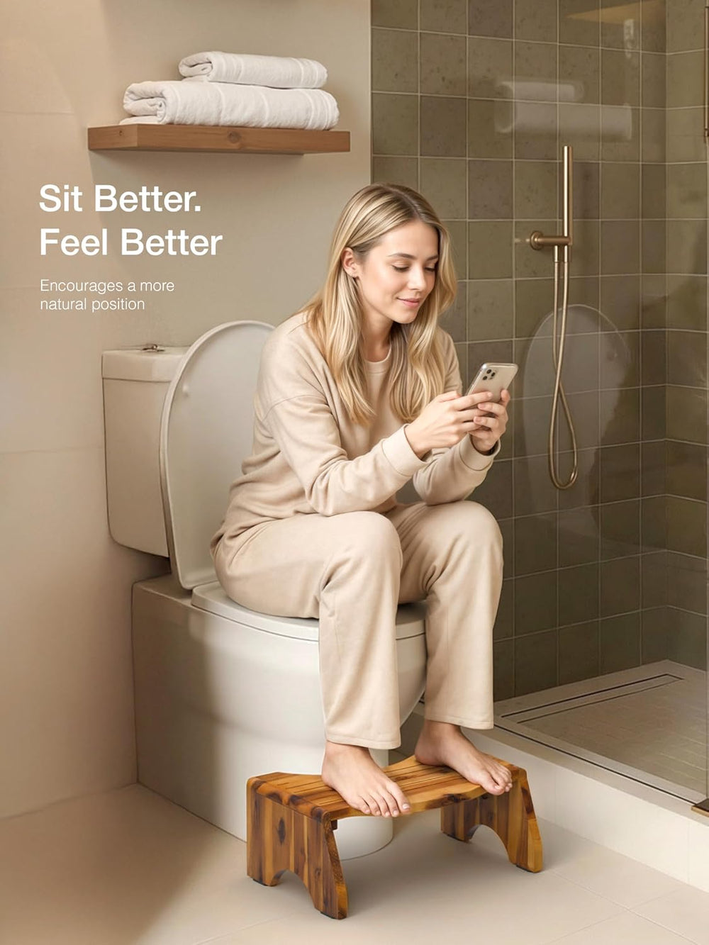 7โ Acacia Wood Foldable Toilet Stool,Round Edge No Assembly Required