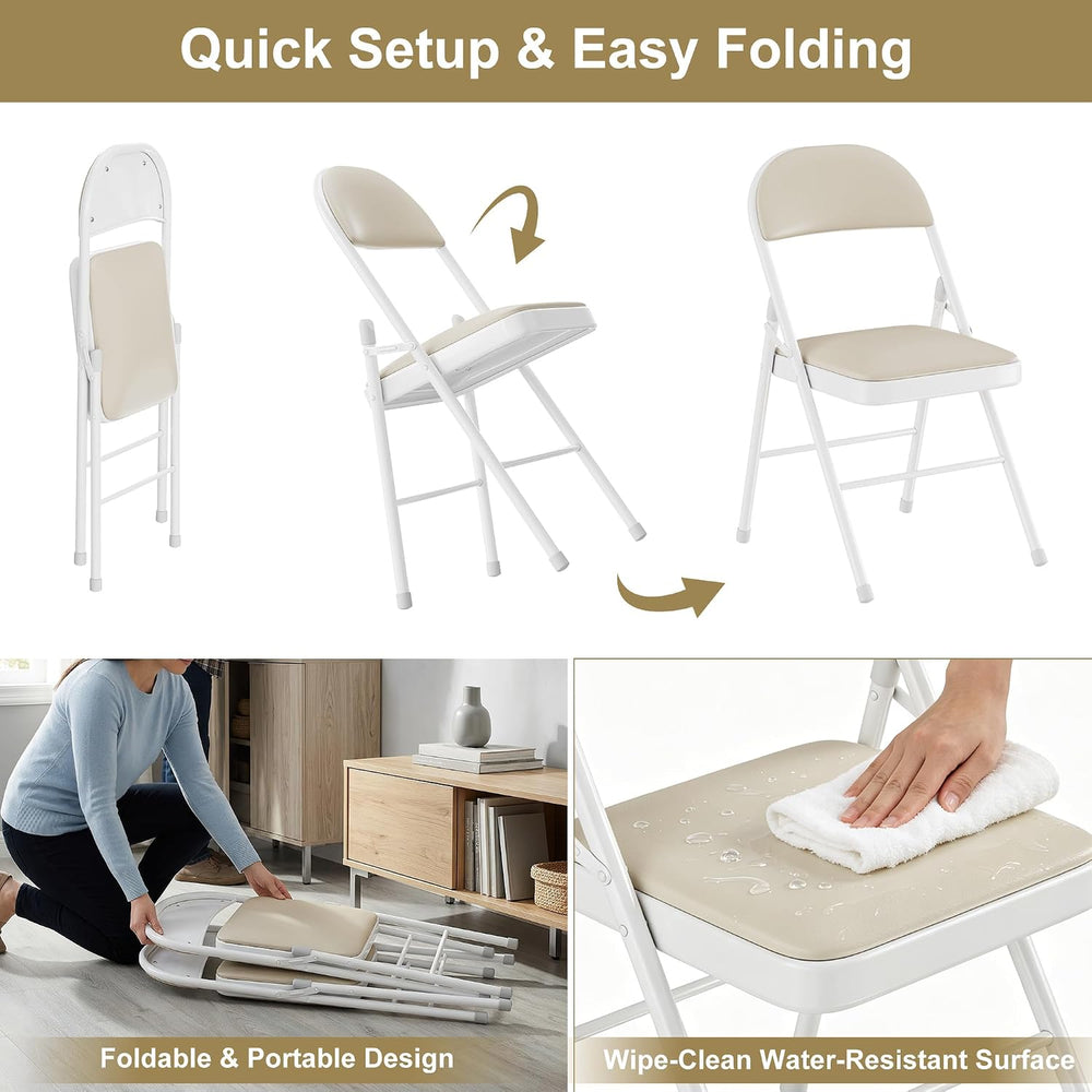 VECELO Folding Chairs Set of 2, Faux Leather Padded, Beige | Folding chairs w...