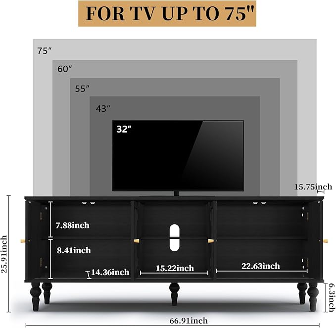 3More 67" Mid Century Modern TV Stand with Window Design,Wood Entertainm...