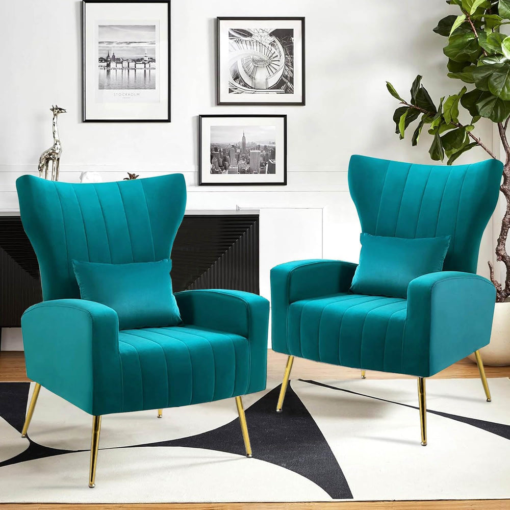 Velvet Accent Chairs Set of 2, Modern Arm Chair with Wingback & Gold Meta...