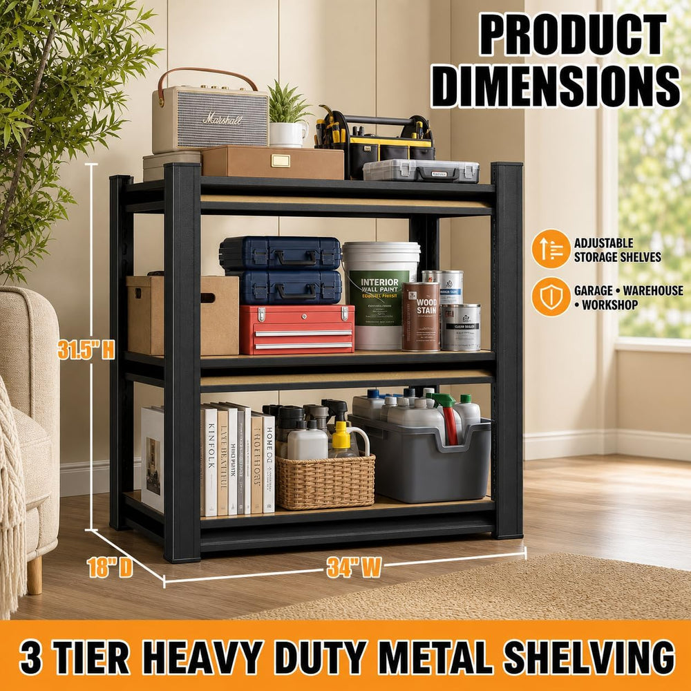 Heavy Duty Garage Shelving 3 Tier, 31.5" H × 34" W × 18" D