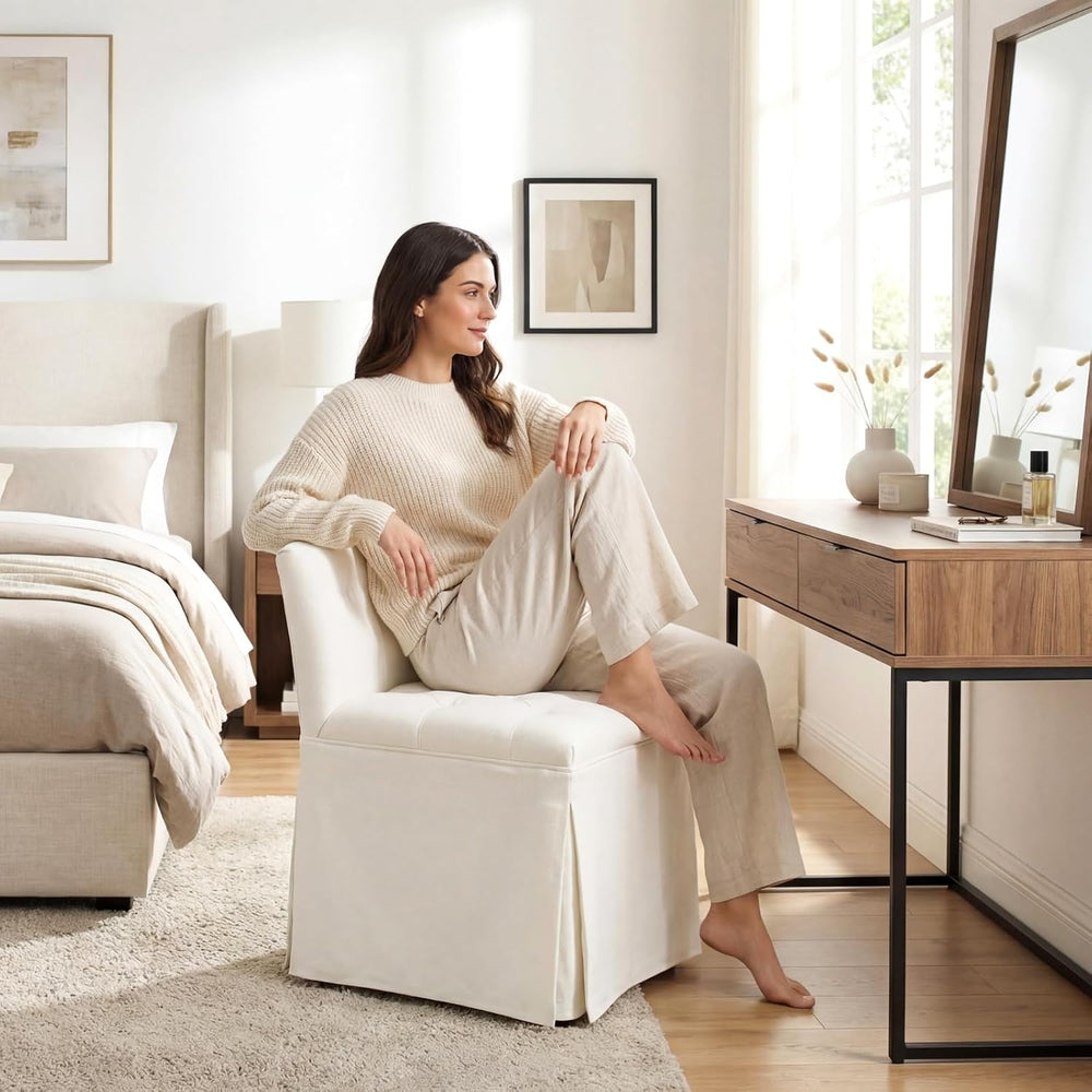 White Tufted Makeup Vanity Chair with Wheels, Small Upholstered Skirted Slipp...