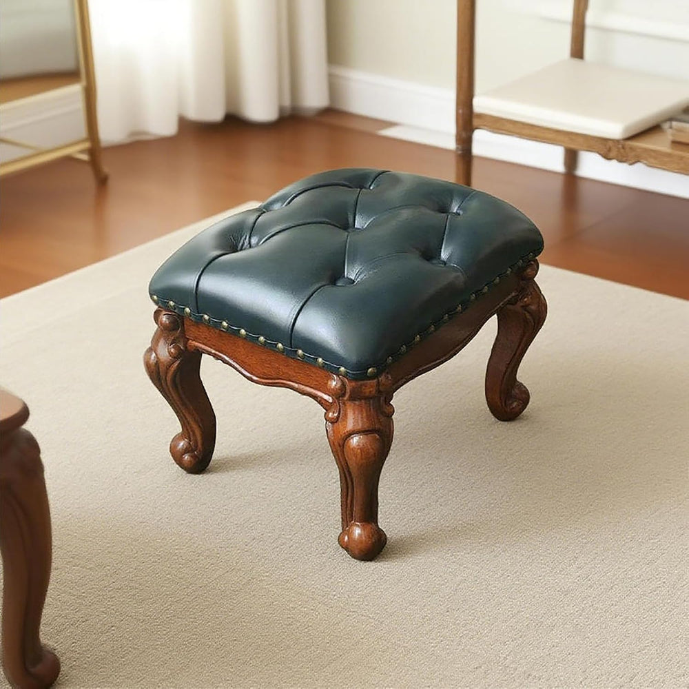 Leather Foot Stool,Vintage Footstools,Wooden Footrest,Upholstered Foot Rest f...