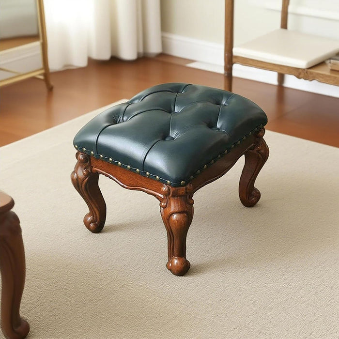 Leather Foot Stool,Vintage Footstools,Wooden Footrest,Upholstered Foot Rest for Living Room,Sofa,Entryway,Solid Wood Stool Walnut (Blue)