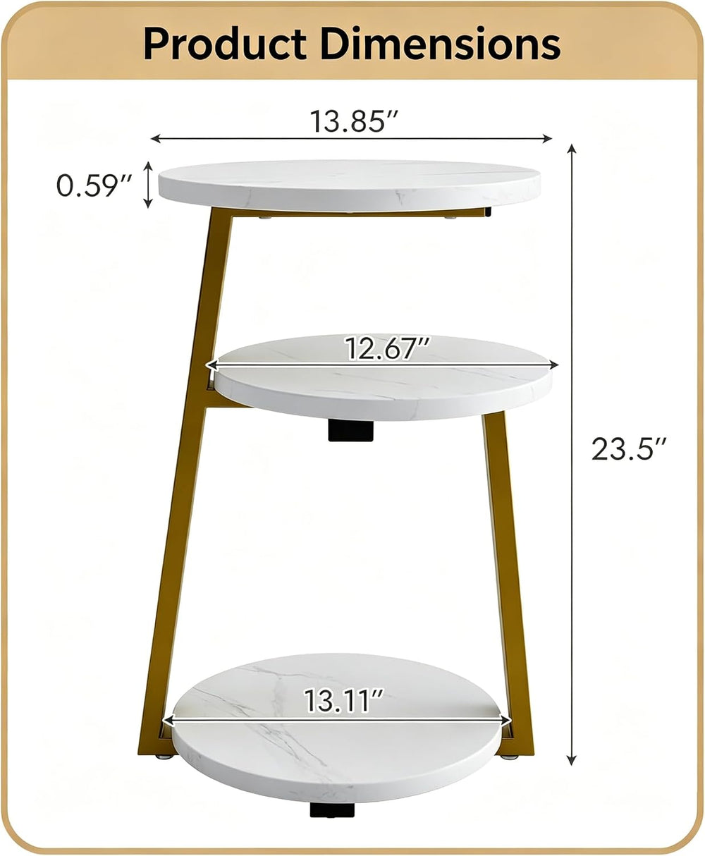 3-Tier Round Side Table, Faux Marble Top Side Table with Sturdy Metal Frame, ...