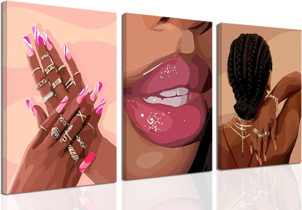 Black Girl Pink Wall Art Set of 3 African American Black Women Canvas Posters...