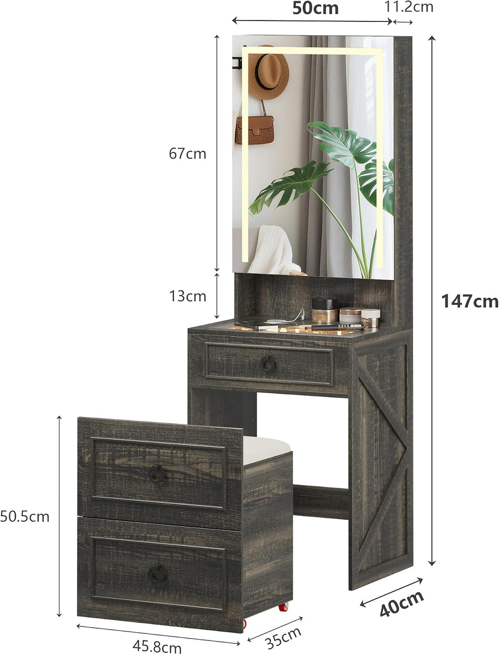 Glass Top Vanity Desk with Mirror and Lights for Bedroom,Brown | Compact Make...