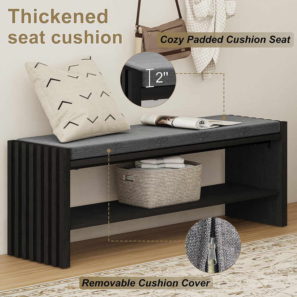 BON AUGURE 40" Entryway Shoe Bench with Storage & Cushion, Modern Fl...