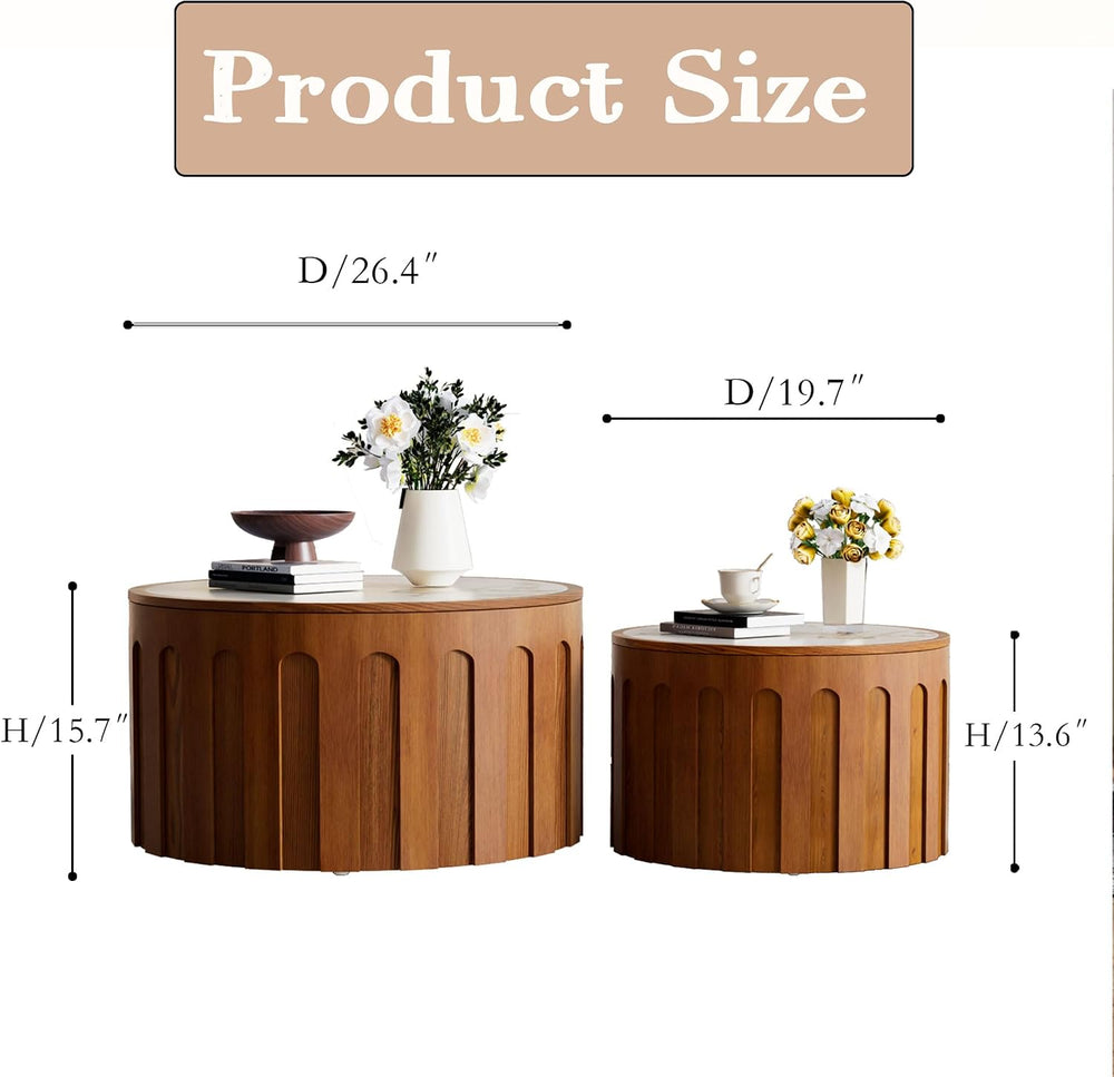 26.4" Round Nesting Coffee Table Set of 2, White | Fluted Wood Accent Ba...